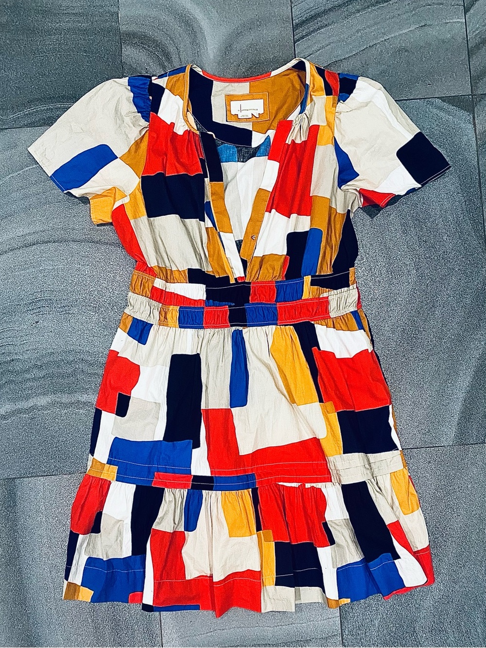 Womenโs Anthropologie Maeve Somerset Tiered Color Block Short Sleeve Dress Sz L